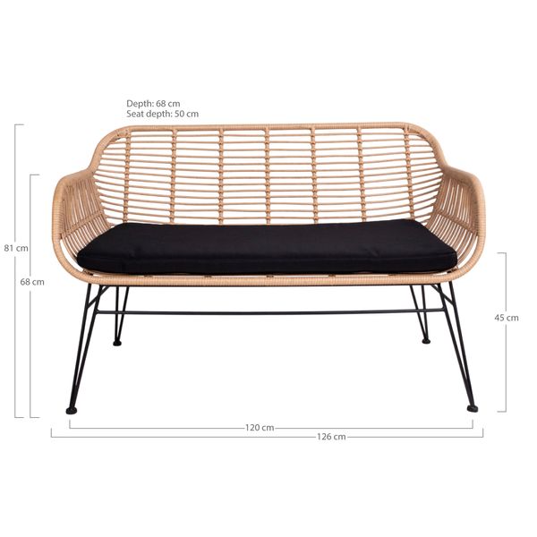 Gartenbank GABI, hell Polyrattan 2 Sitzer mit Sitzkissen