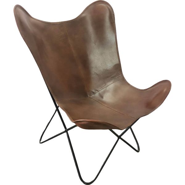 TEO, Loungesessel braun vintage Leder mit Metallbeinen, Butterfly Sessel Büffelleder