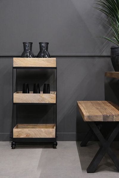BIA, Servierwagen Holz-Metall 3 Tabletts Industriedesign