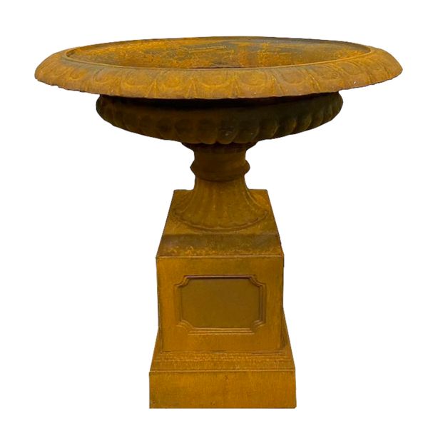 Hohe Amphore, Pflanzschale auf Sockel rostig Gusseisen H 96 cm