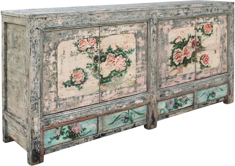 Antikes Sideboard, Anrichte 181 cm breit mit Blumen Malerei