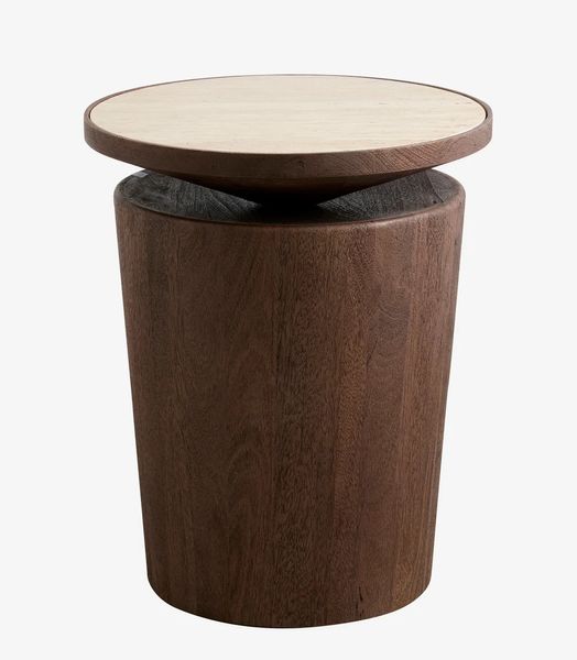 WANDA, Beistelltisch rund Travertin & Holz D 41 cm
