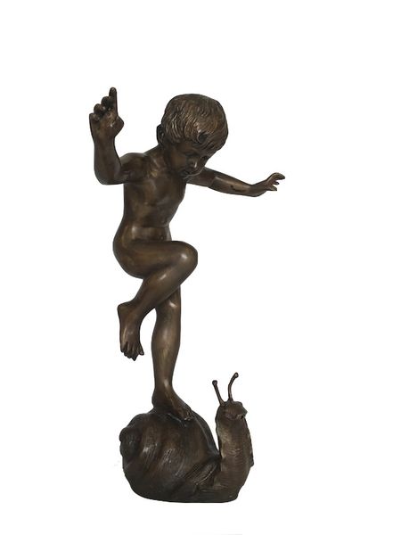 Bronze Brunnen Skulptur "Junge auf Schnecke" H 50 cm
