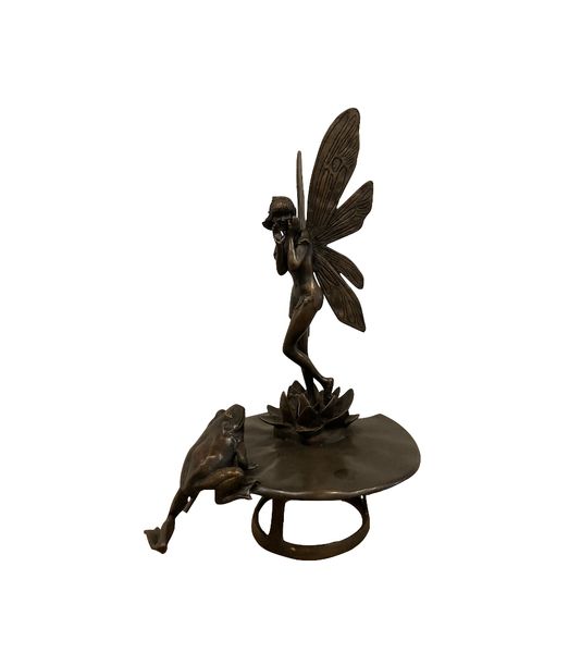 Garten Skulptur "Bronze Fee mit Frosch" H 60 cm, Gartenbrunnen Wasserspeier