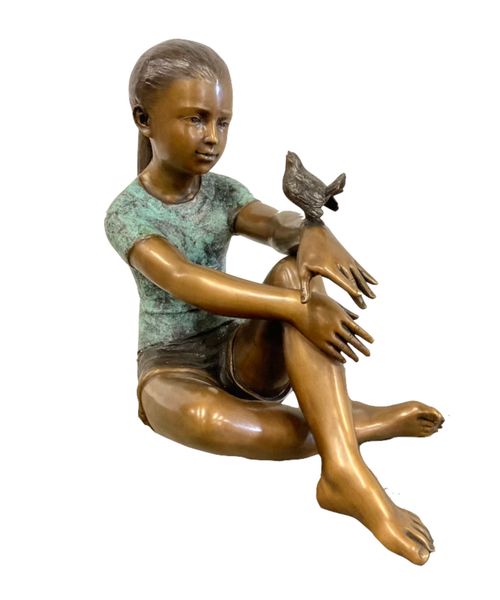 Gartenskulptur Bronze, "Mädchen mit Vogel", Gartendekoration