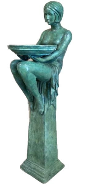 Bronze Skulptur "Brunnen Art Deco Frau mit Schale" antik grün