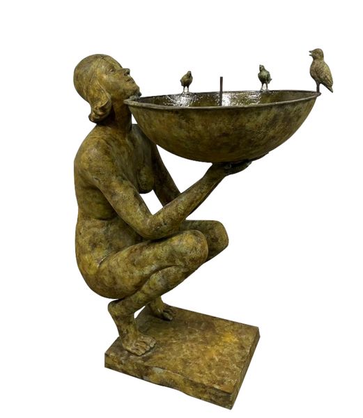 Garten Skulptur Bronze "Lady mit Vogelbad" Art Deco Statue