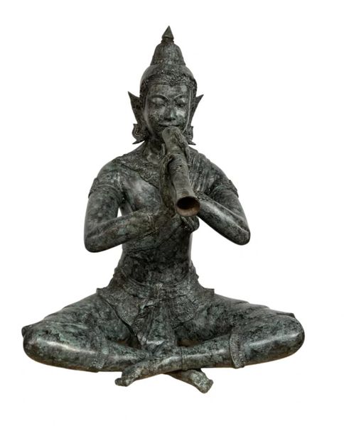 Bronze Skulptur "Flötenspieler-Tempelwächter" H 95 cm