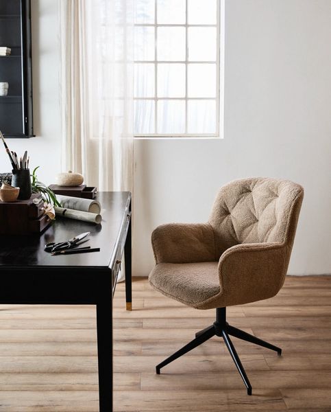 LUNA, Bürostuhl beige Bouclé-Stoff-schwarzer Metallfuß, Drehstuhl
