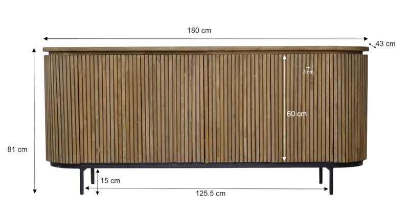 Designer Sideboard SANA oval Breite 180 cm Holz-Metall, Designermöbel