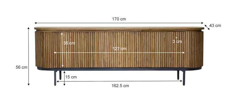 Ovales TV-Lowboard SANA 170 cm lang Holz-Metall