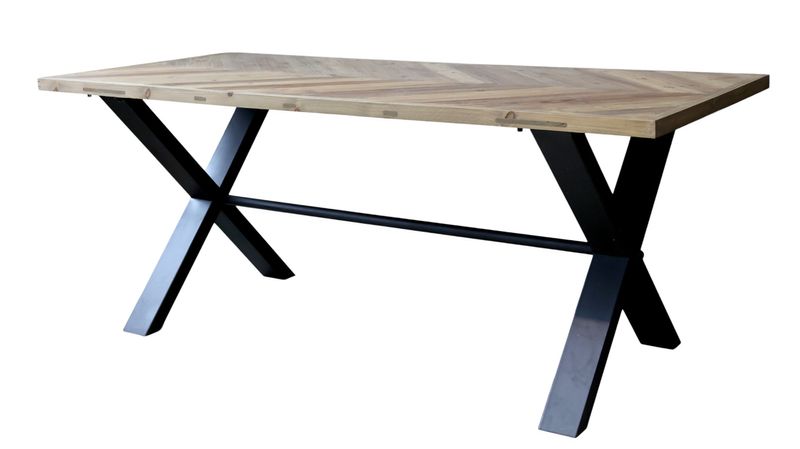 AIDA, Esstisch 200 cm Holz-Metall Fischgrätmuster & Metallkreuz Beine im Landhausstil