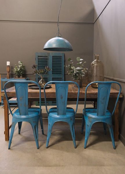 PEP, Bistrostuhl 4 Stück shabby blau Metall hohe Rückenlehne, vintage Möbel