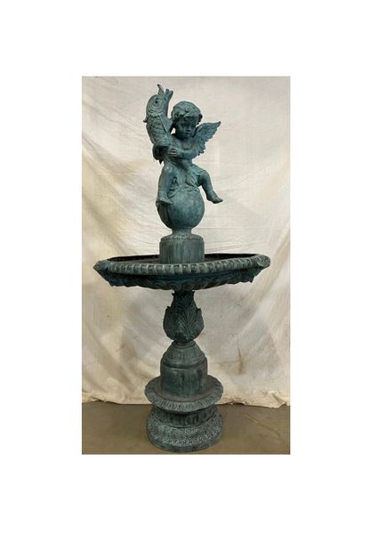 Bronze Gartenbrunnen "Junge mit Fisch" antik grün H 99 cm