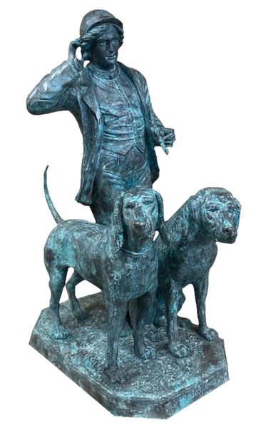 Große Gartenskulptur Bronze "Jäger mit 2 Hunden"