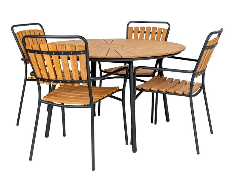 CLEA, Gartentisch rund 130 cm Holz natur und schwarze Metallbeine
