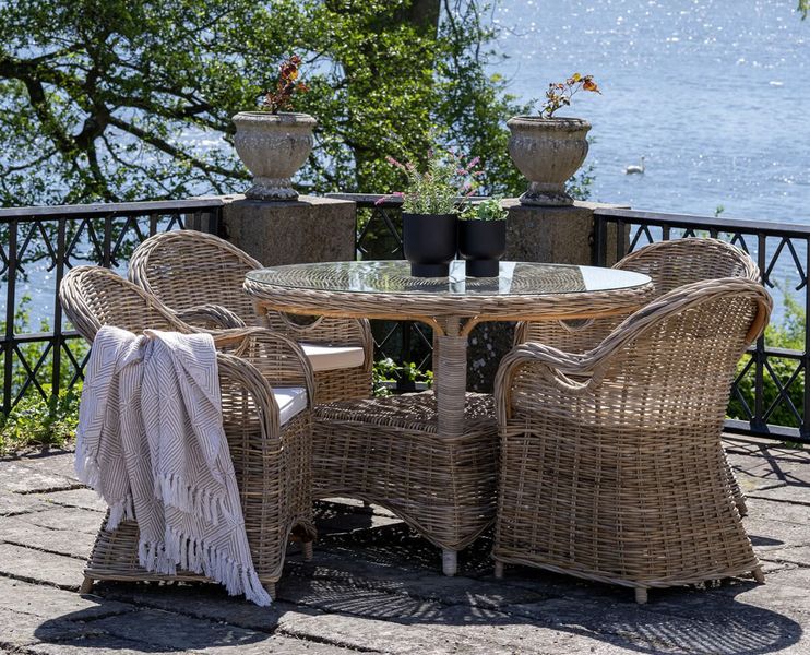 CLAIRE, Rattan Sessel mit weißen Sitzkissen, Gartensessel Landhausstil