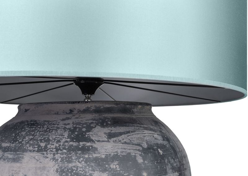 TL-399, Große Tischlampe Keramik blauer Schirm, Vasenlampe antikes Unikat
