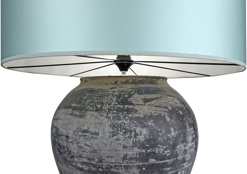 TL-399, Große Tischlampe Keramik blauer Schirm, Vasenlampe antikes Unikat