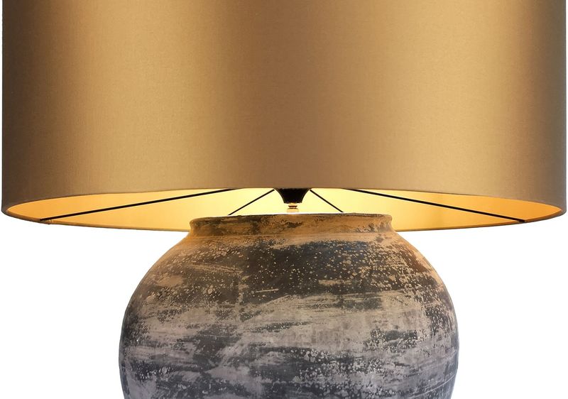 TL-399, Große Tischlampe Keramik mit gold Schirm, Vasenlampe antikes Unikat