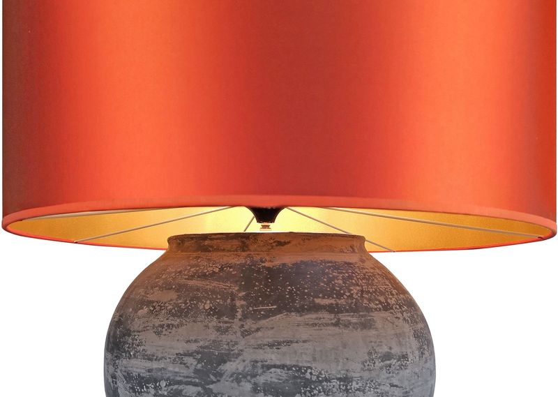 TL-399, Große Tischlampe Keramik mit rot-orange Schirm, Vasenlampe antikes Unikat