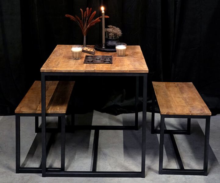 Matz-Möbel Bistrotisch & 2 Bänke Set ESRA Holz-Metall Industriedesign