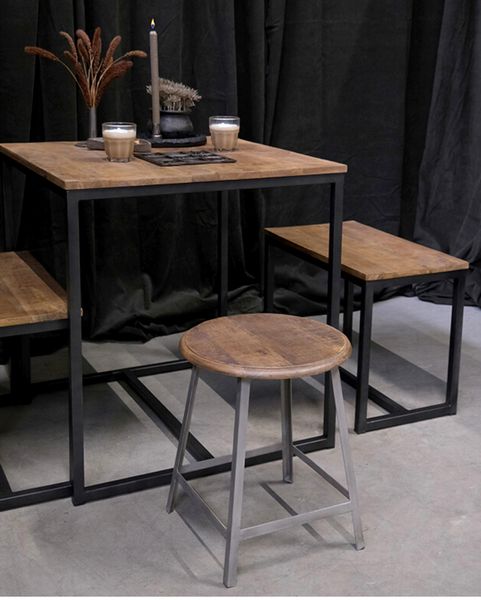 Matz-Möbel Bistrotisch & 2 Bänke Set ESRA Holz-Metall Industriedesign