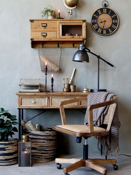 IRIS, Bürostuhl Holz-Rattan-Geflecht auf Rollen, Landhausstuhl