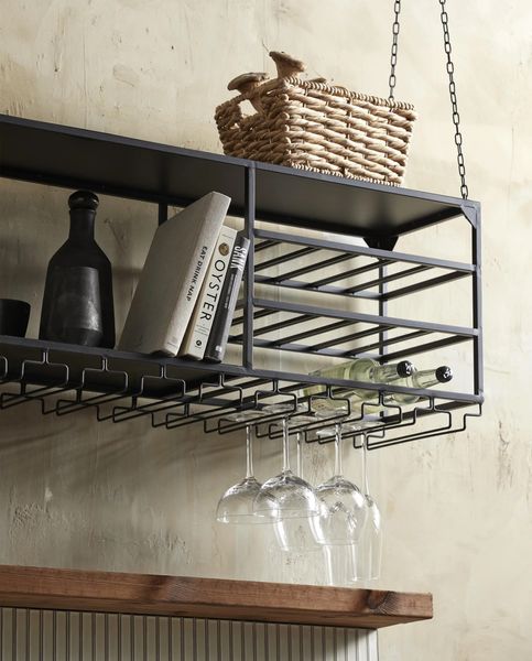 TRINE, Hängeregal Metall B 120 cm mit Flaschenablage & Gläser, Küchenregal