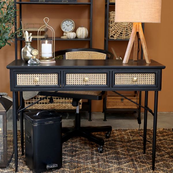 Konsolentisch ASTA schwarz Holz & natur Rattan 3 Schubladen Landhausstil
