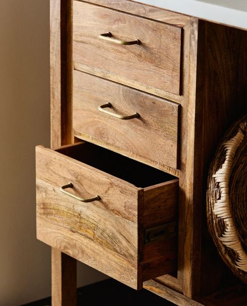 MALU, Kücheninsel, Konsolentisch Holz & weiß Marmor im Landhausstil