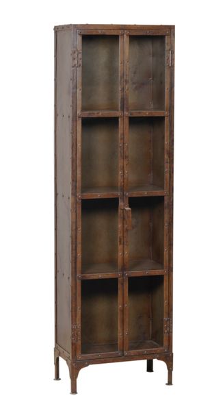 Schmale Metall Vitrine H 180 cm braun shabby