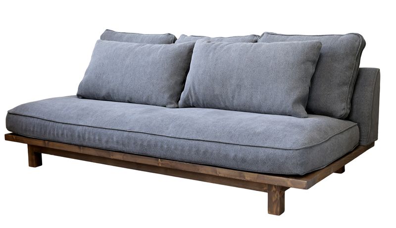 LISA, Stylisches Sofa dunkelgrau 5 Kissen und natur Holz ohne Armlehnen