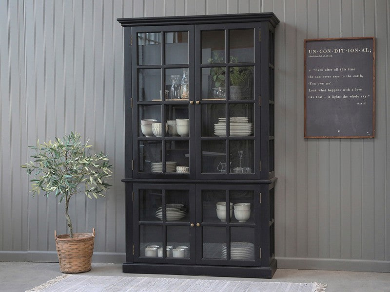 RIKO, Vitrine mit 4 Türen schwarz im Landhausstil