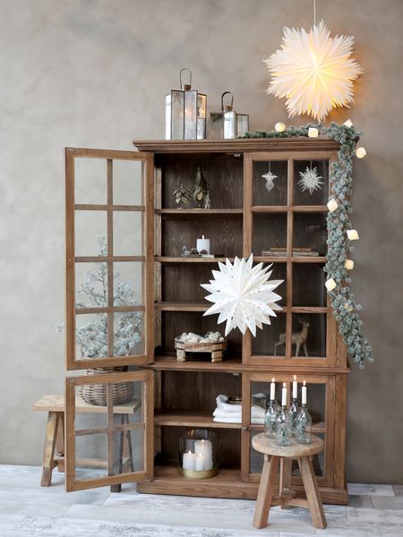 RIKO, Vitrine mit 4 Türen antik natur Holz im Landhausstil