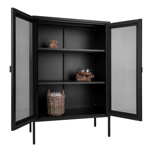 MEL, Vitrine Metall schwarz mit Gittertüren, Sideboard industriell