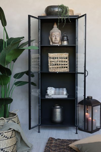 Metall Vitrine JOSI, H 184 cm schwarz vintage 2 Glastüren
