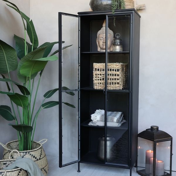 Metall Vitrine JOSI, H 184 cm schwarz vintage 2 Glastüren