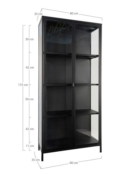 SINA, Vitrine Metall schwarz mit Glastüren H 175 cm, Vitrinenschrank