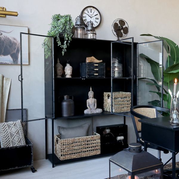 Metall Vitrine JAN, H 175 cm schwarz, Metallschrank 3 Glastüren + 1 Regal