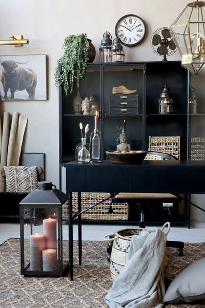 Metall Vitrine JAN, H 175 cm schwarz, Metallschrank 3 Glastüren + 1 Regal