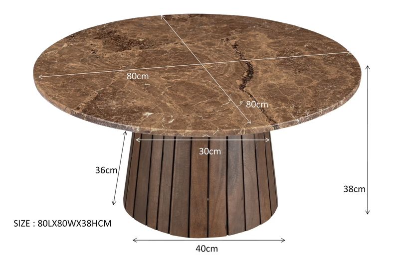 KING, Couchtisch rund 80 cm braun Marmor-Holz, Säulentisch