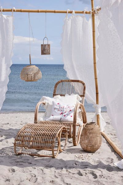 NORA, Rattan Sessel mit Fußhocker natur, Gartensessel mit Hocker