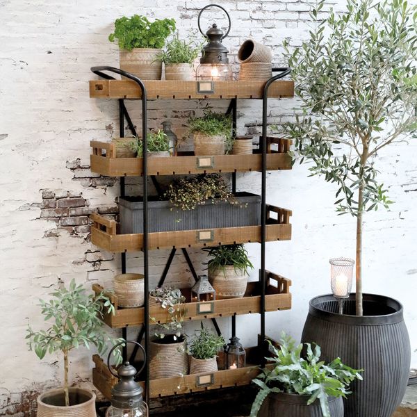 KAY, Regal mit 5 Holz-Tabletts auf Rädern industrial
