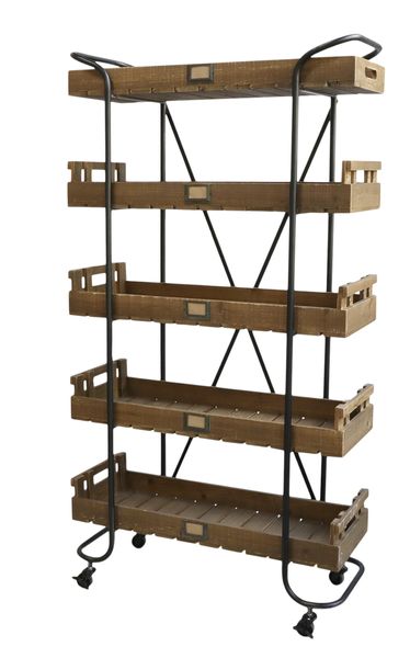 KAY, Regal mit 5 Holz-Tabletts auf Rädern industrial