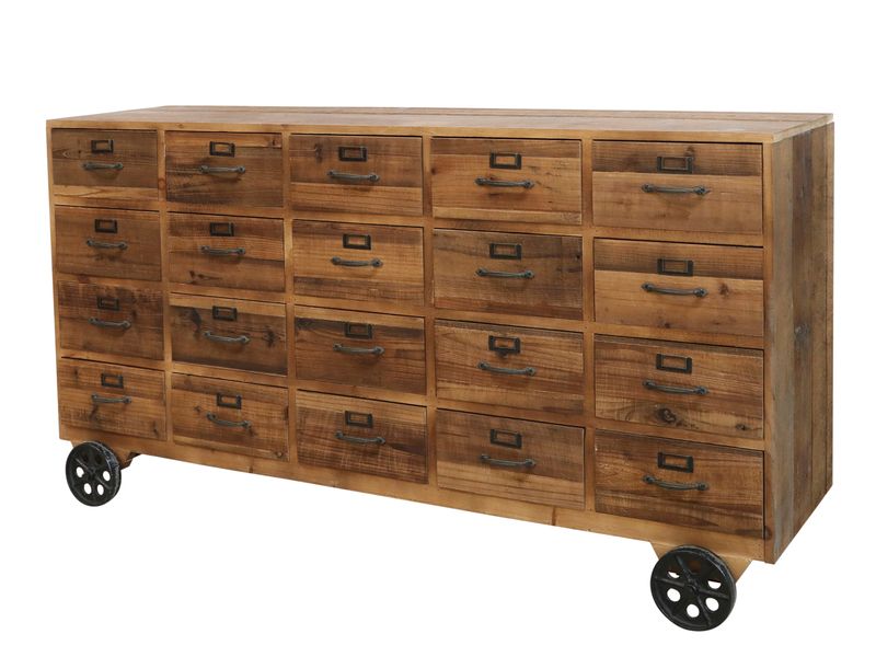 Matz-Möbel Altholz Look Sideboard NIMA 20 Schubladen Holz natur auf Rädern im Industriedesign