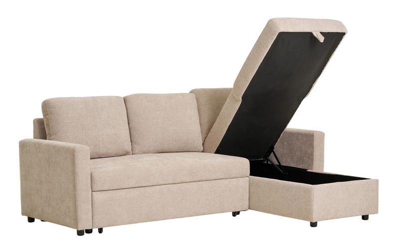 BELA, Sofa 2 Sitzer und Récamiere, Schlafcouch Stoff beige