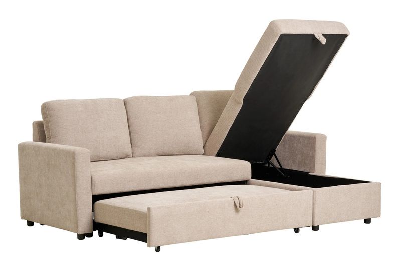 BELA, Sofa 2 Sitzer und Récamiere, Schlafcouch Stoff beige