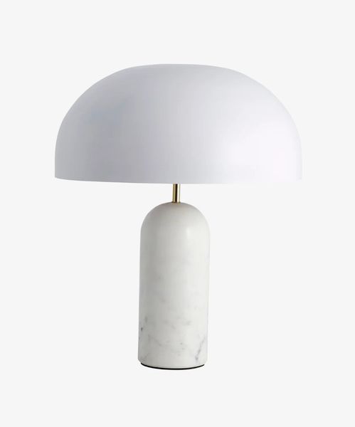 ALTA, weiße Tischlampe rund weißer Schirm & weißer Marmor