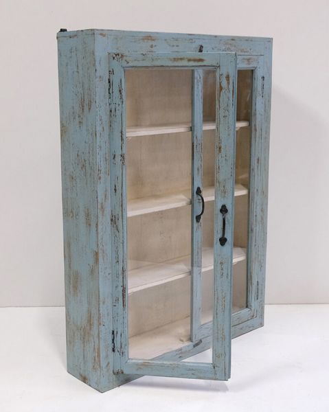Alte Wandvitrine TONI shabby blau Landhausstil, Recycling Vitrine
